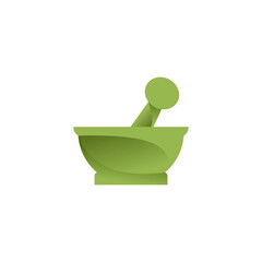 Green mortar and pestle icon, a traditional tool for grinding and mixing ingredients, often used in pharmacy or cooking.