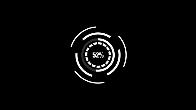 Futuristic circular loading indicator with 100 percent progress in white circle