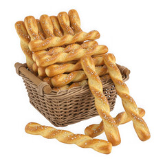 Golden breadsticks in a basket isolated on transparent background