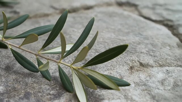 Close-up of a green olive branch resting on a textured stone surface, symbolizing nature's simplicity and growth