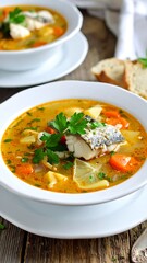 Fish soup with carrots, potatoes, parsley in white bowls on a rustic wooden table
