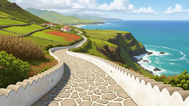 Mediterranean Coastal Cliff Road - Aerial View Digital Painting