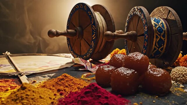 Traditional Makar Sankranti Festival Still Life with Kite Spools and Sweets