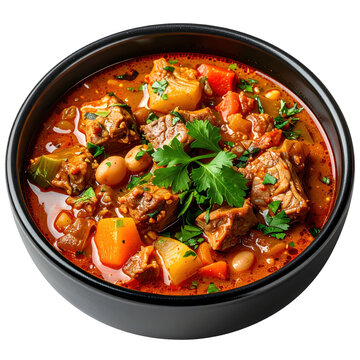 Bolivian mondongo a traditional and hearty pork stew with corn and potatoes served in a bowl and isolated on a white background
