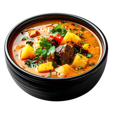 A spoon serving venezuelan mondongo soup revealing the thick stew consistency isolated on white background