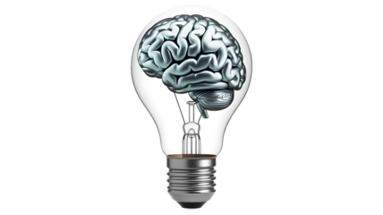Conceptual image of a human brain inside a clear light bulb symbolizing intelligence, ideas, innovation, and thinking power isolated on transparent background