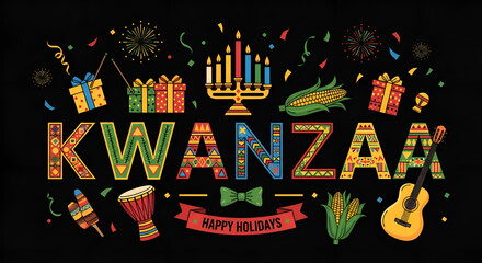 Happy kwanzaa with traditional symbols on a black background