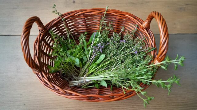 Wicker Basket Filled with Early Spring Foraged Herbs. Seasonal Nature / Winter to Spring Transition. A basket filled with freshly foraged generic early spring herbs or wild greens on a wooden surface.