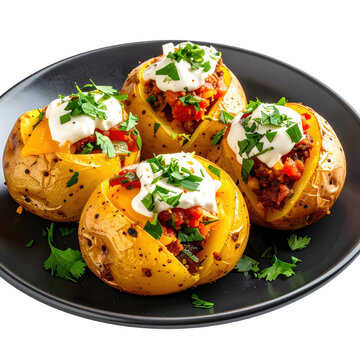 Peruvian papa rellena a golden fried mashed potato ball stuffed with spiced meat served on a plate and isolated on white background