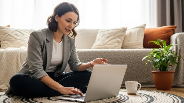 Young businesswoman working on laptop while sitting on floor at home