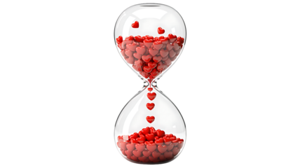 Hourglass filled with small red hearts instead of sand, symbolizing the passage of time in love and romance, isolated on transparent background