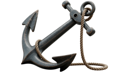 Old heavy metal ship anchor with thick rope tied around it, isolated on transparent background
