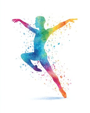 1) Watercolor splatter silhouette of a ballet dancer in grand jete