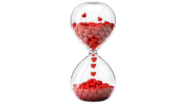 Hourglass filled with small red hearts instead of sand, symbolizing the passage of time in love and romance, isolated on transparent background - Powered by Adobe