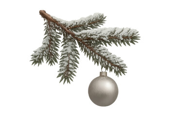 Fir branch with snow and silver ornament, a festive christmas holiday decoration hanging on transparent background