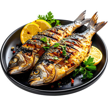 A whole pescado a la parrilla perfectly grilled fish with charred skin and lemon presented on a platter and isolated on a white background