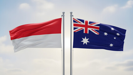 Flags of Indonesia and Australia waving side-by-side against a blue sky, symbolizing diplomatic relations and international cooperation.
