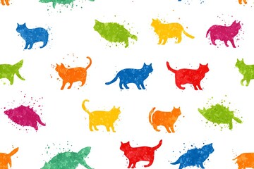 10) Seamless pattern of watercolor splatter animal silhouettes (bird, cat, fish) alternating, vivid multi-hue ink on white, crisp edges, modern spacing, no text no logos