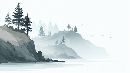 2) Coastal cliff silhouette panorama with staggered headlands fading into fog