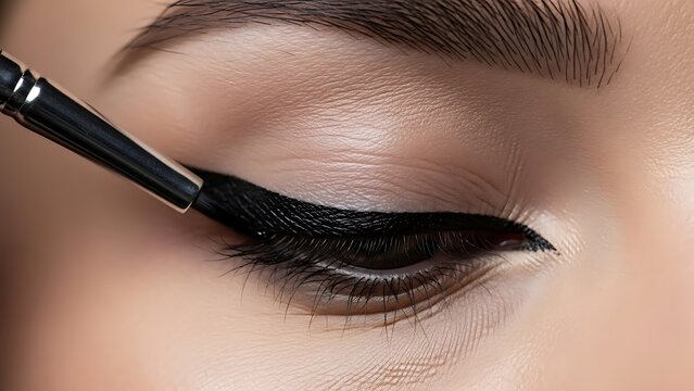 Applying precise winged eyeliner with a fine brush for a striking look