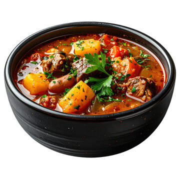 Hearty puchero uruguayo stew showcasing a mix of meats and fresh vegetables in a flavorful stock isolated on white background