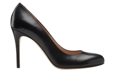 Elegant black leather high heel pump shoe for women, classic stiletto design, side view, isolated on transparent background