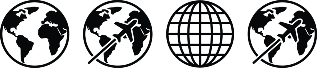 Global travel icons with airplane routes and earth globe symbols for international aviation navigation and tourism design branding infographic illustration