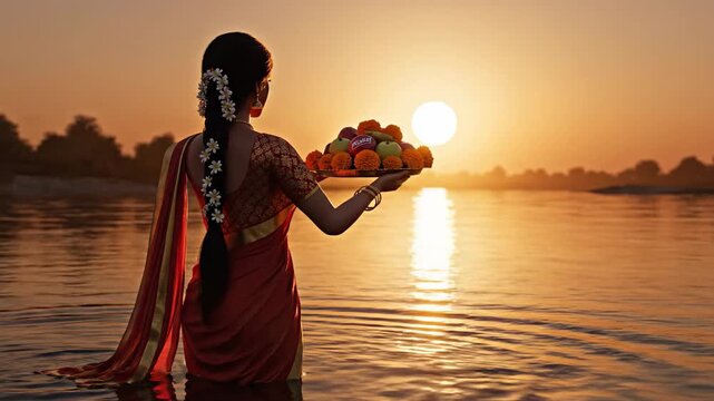 Indian woman performing makar sankranti pongal ritual offering plate of fruit in warm golden hour river silhouette