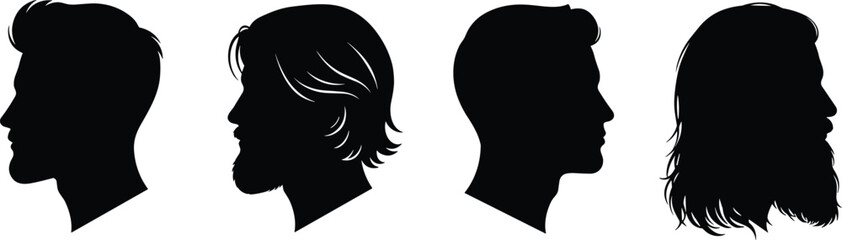Male silhouette profile collection, diverse hairstyles and beards, black vector faces set, minimalist design, human head side view illustration