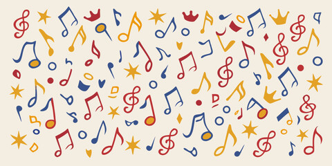 Colorful musical notes stars and clefs create a whimsical background pattern