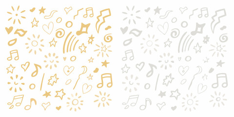 Delicate pastel doodles of musical notes stars hearts and swirls on white background