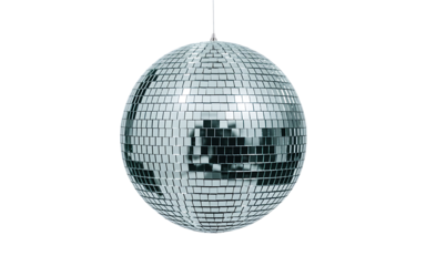 Shiny silver disco ball hanging from a thin wire, isolated on a pure transparent background, perfect for party and retro themes