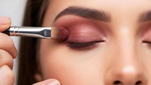 Close-up shot of applying vibrant red eyeshadow to a woman's eyelid during a makeup application session