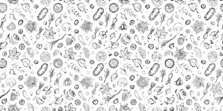 Detailed monochrome pattern showcasing various botanical and microbiological shapes