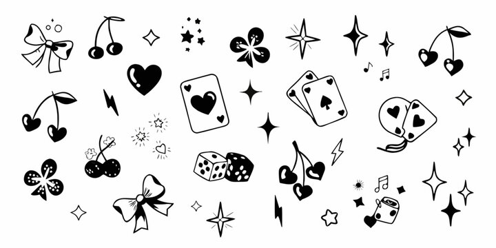 A playful collection of whimsical doodles featuring cherries hearts and lucky charms