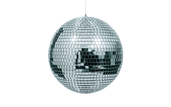 Shiny silver disco ball hanging from a thin wire, isolated on a pure transparent background, perfect for party and retro themes - Powered by Adobe