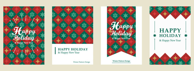 冬柄ホリデーカードセット／クリスマス・新年・雪の結晶パターン（4デザイン）| ベクター素材 