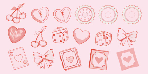 A collection of hand drawn pink sketches featuring hearts cherries and playful objects