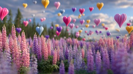 A vibrant field of lupine flowers in various hues, adorned with colorful heart-shaped balloons floating above against a serene sky.