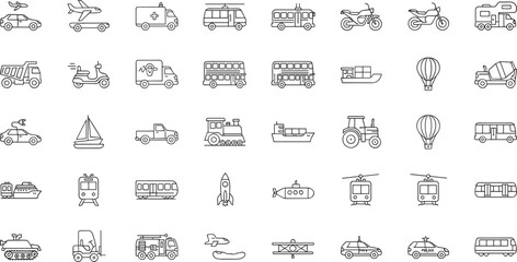 Vector transportation icons set featuring cars, trucks, buses, trains, boats, aircraft, and emergency vehicles in blue outline style for graphic design