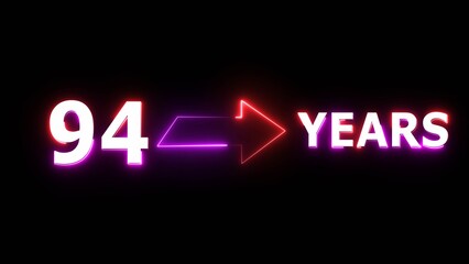 94 years counting number illustration. Celebration neon 94 years.