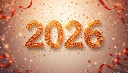 Golden Glitter 2026 Typography with Soft Festive Glow and Elegant New Year Celebration Background