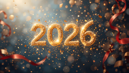 Golden Glow New Year 2026 Poster with Bright Light Effects and Sparkling Particles &ndash; Elegant Premium Celebration Background