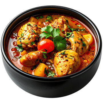 Colombian sudado de pollo a comforting chicken stew with potatoes and vegetables served in a bowl and isolated on a white background