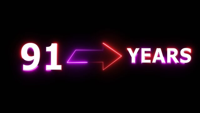 91 years counting number illustration. Celebration neon 91 years.