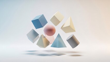 Abstract 3D geometric shapes floating in a minimalist light background, showcasing a sphere, cubes, cylinders, and pyramids in soft pastel colors.