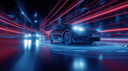 Autonomous car in a neon-soaked city