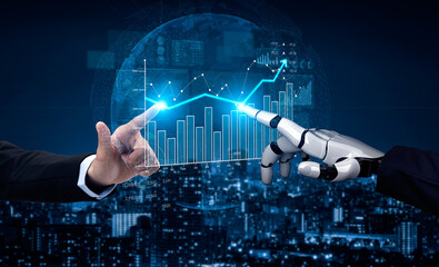A human hand reaching out to a robotic hand, representing collaboration in technology, alongside a...