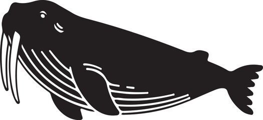 Obraz premium Black silhouette of a humpback whale with white line details swimming on a white background