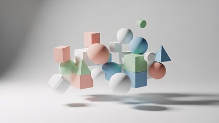 Abstract 3D geometric shapes floating in a minimalist white space.